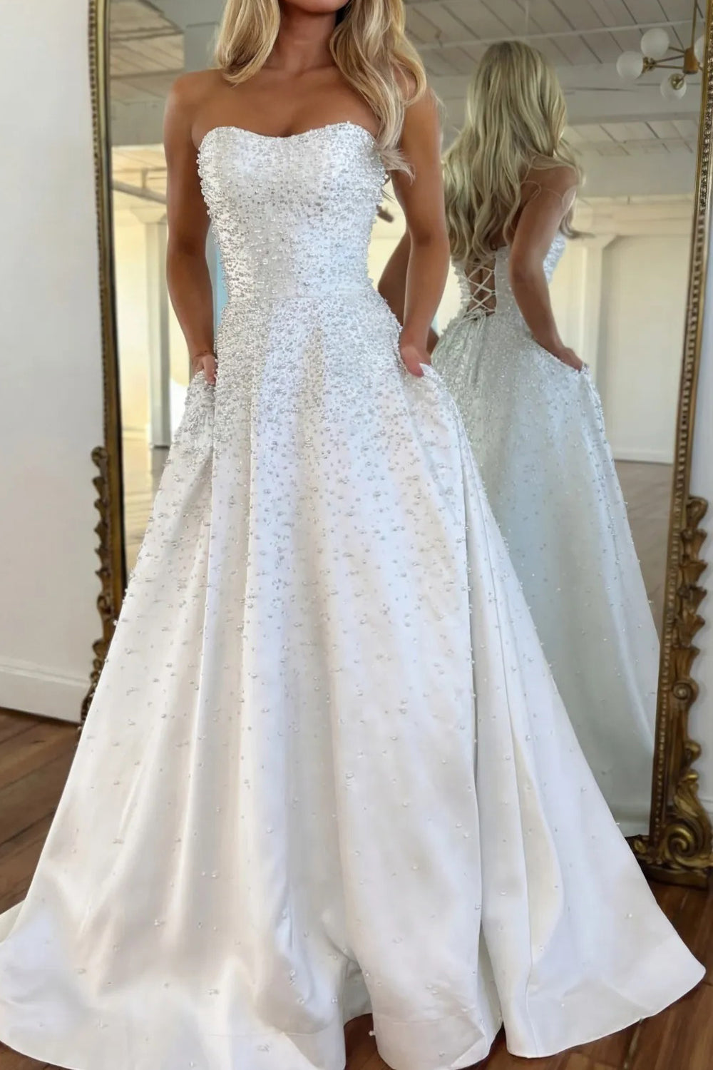 White Satin Pearls Strapless A-line Lace-up Back Prom Dresses With Pockets, CP1212