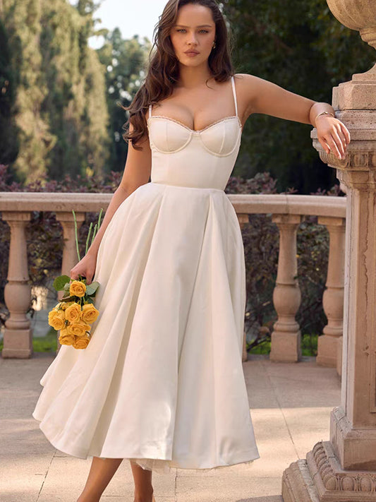 White Satin Spaghetti Strap Fluffy A-line Skirt Tea Length Prom Dresses, CP1105