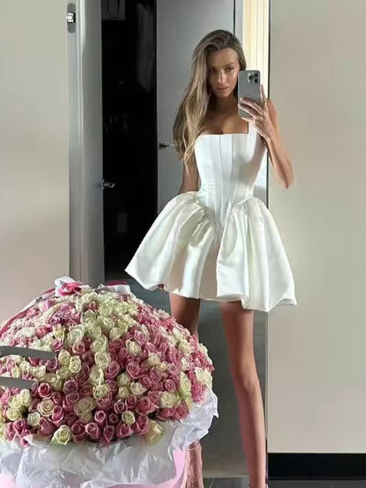 White Satin Square Neck Sleeveless Puff Skirt Mini Wedding Party Dresses, CW0443
