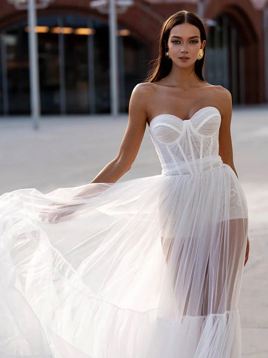 White Sheer Tulle Sweetheart Strapless A-line Fashion Wedding Dresses, CW0420