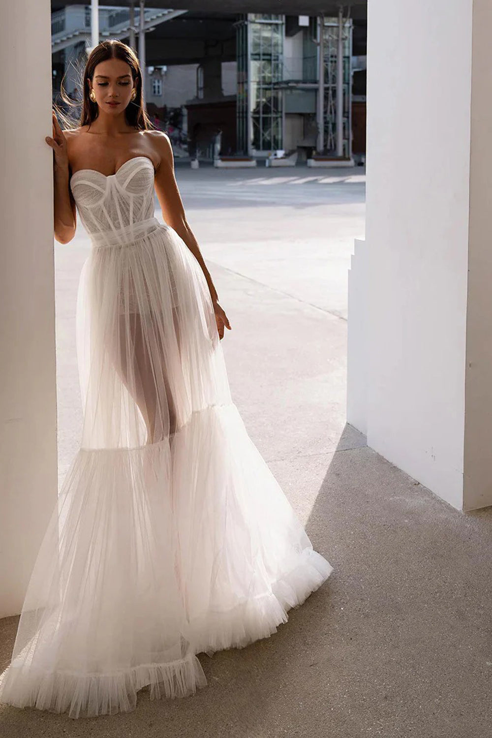 White Sheer Tulle Sweetheart Strapless A-line Fashion Wedding Dresses, CW0420