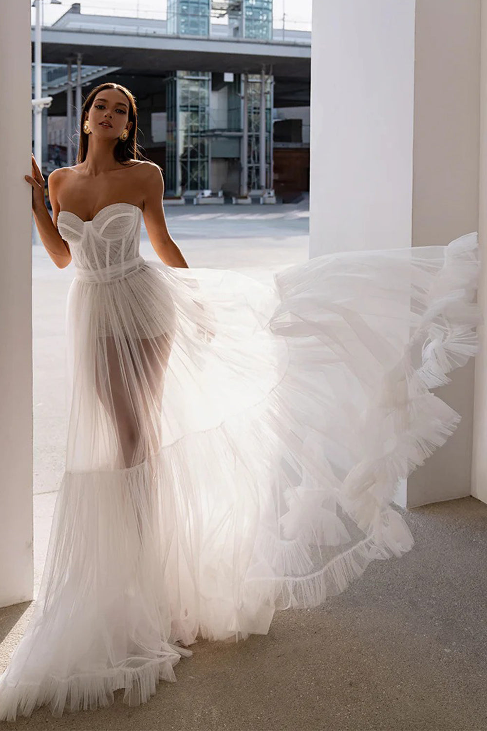 White Sheer Tulle Sweetheart Strapless A-line Fashion Wedding Dresses, CW0420