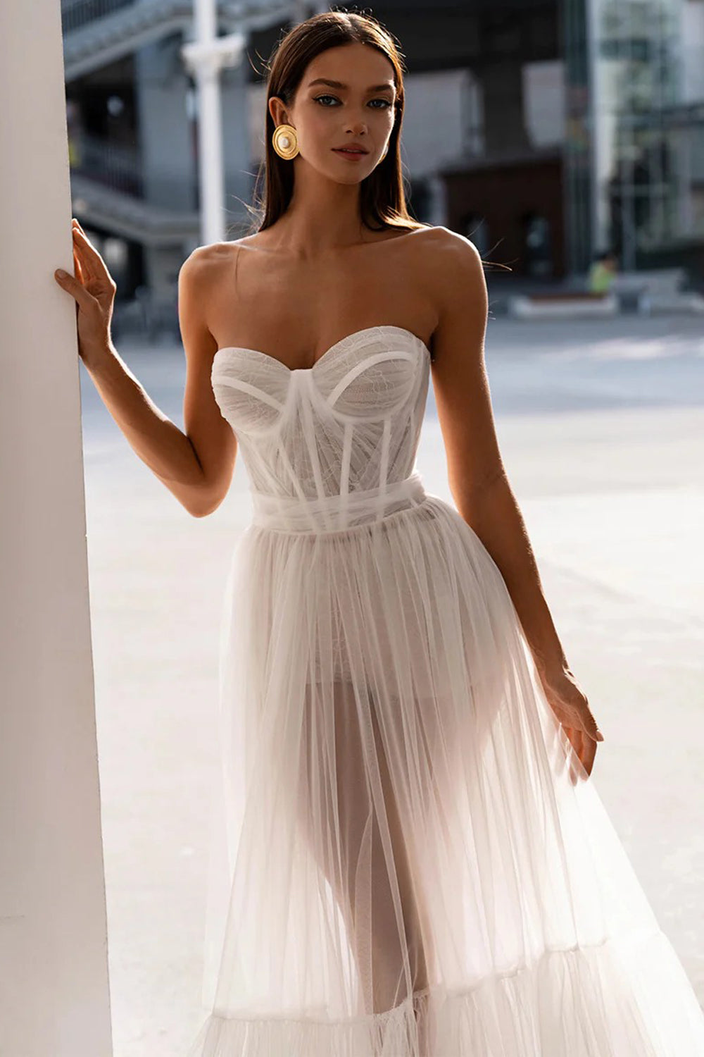 White Sheer Tulle Sweetheart Strapless A-line Fashion Wedding Dresses, CW0420
