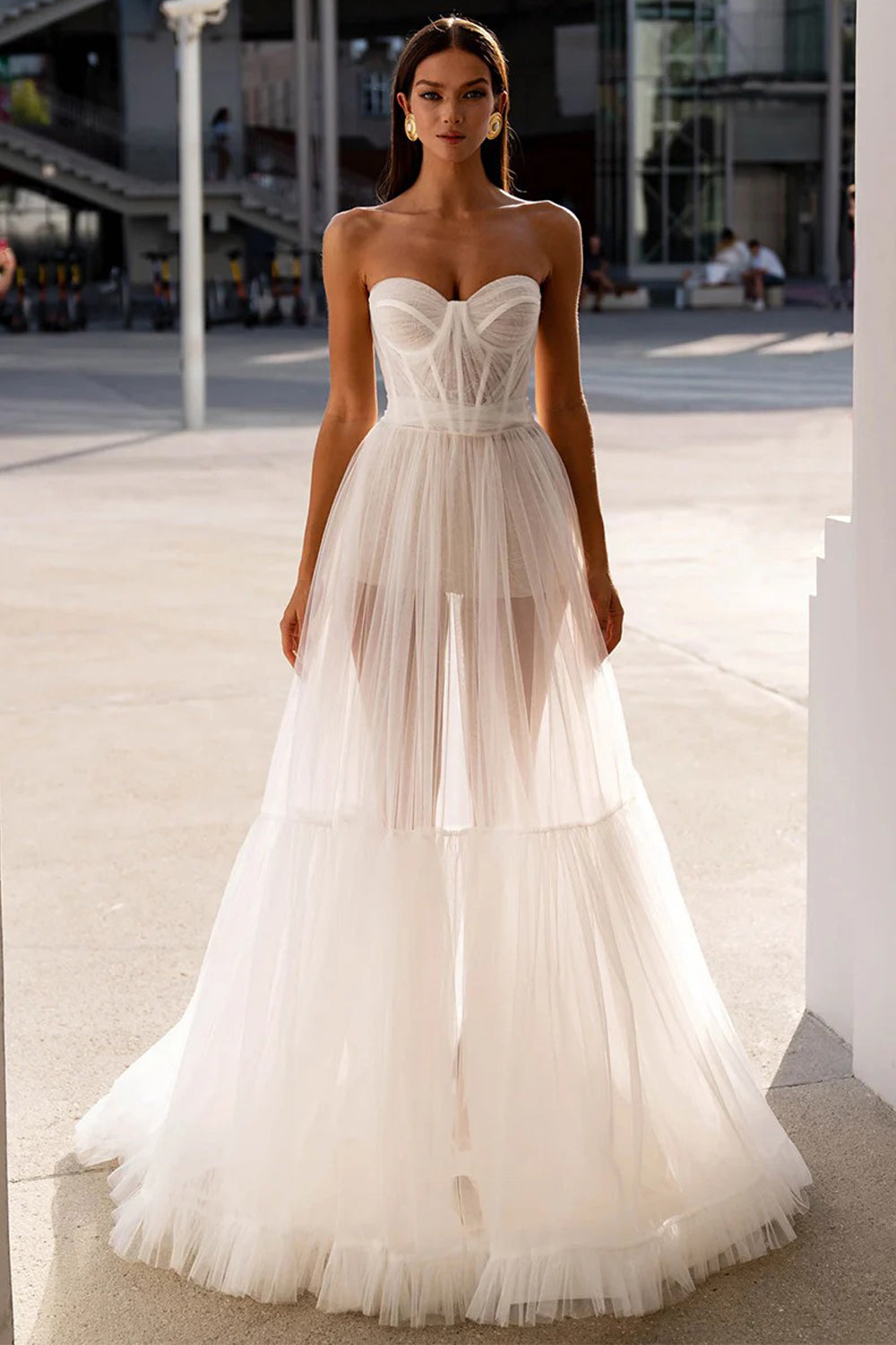 White Sheer Tulle Sweetheart Strapless A-line Fashion Wedding Dresses, CW0420
