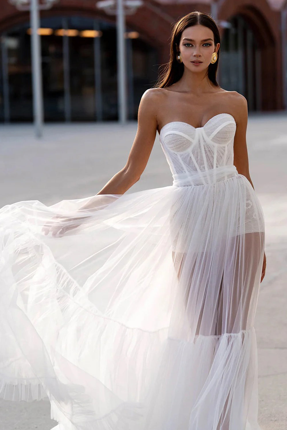 White Sheer Tulle Sweetheart Strapless A-line Fashion Wedding Dresses, CW0420