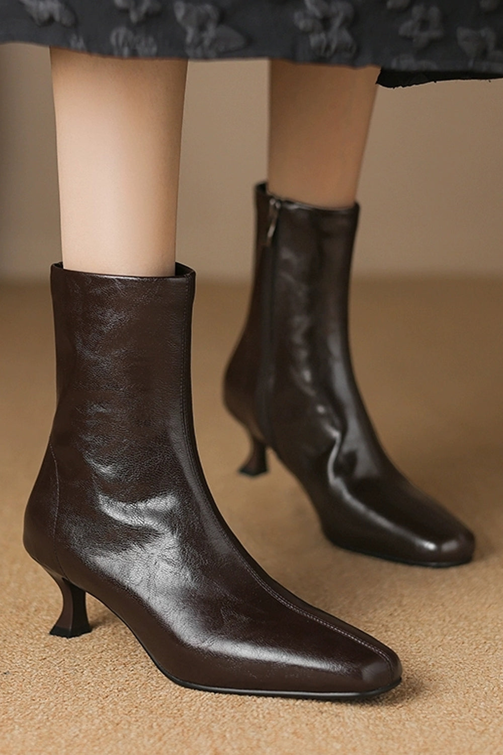 Women’s Square Toe Genuine Leather Low Heel Side Zipper Fleece Lined Ankle Boots