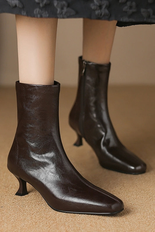 Women’s Square Toe Genuine Leather Low Heel Side Zipper Fleece Lined Ankle Boots