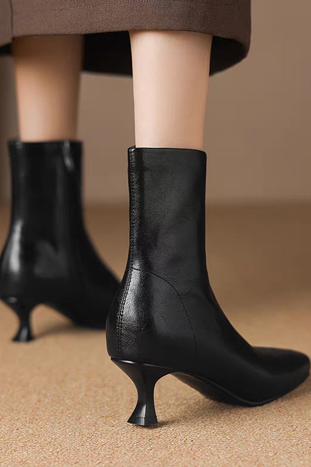 Women’s Square Toe Genuine Leather Low Heel Side Zipper Fleece Lined Ankle Boots