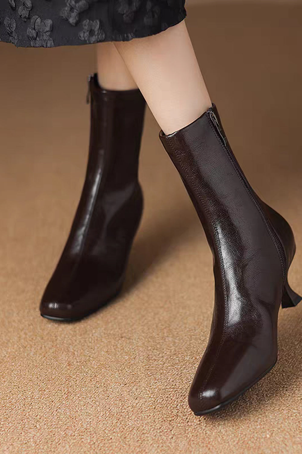 Women’s Square Toe Genuine Leather Low Heel Side Zipper Fleece Lined Ankle Boots