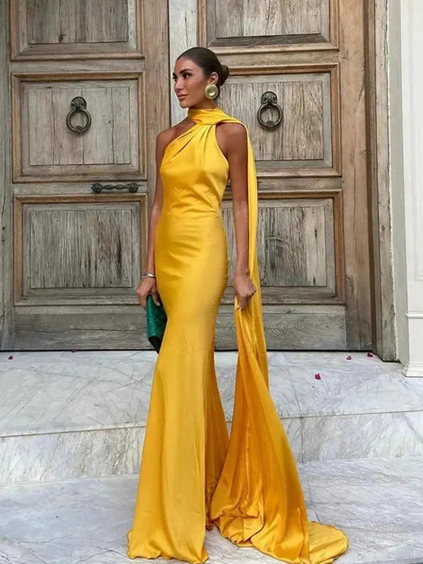 Yellow Elastic Satin Halter Shawl Mermaid Formal Dresses, CP1037