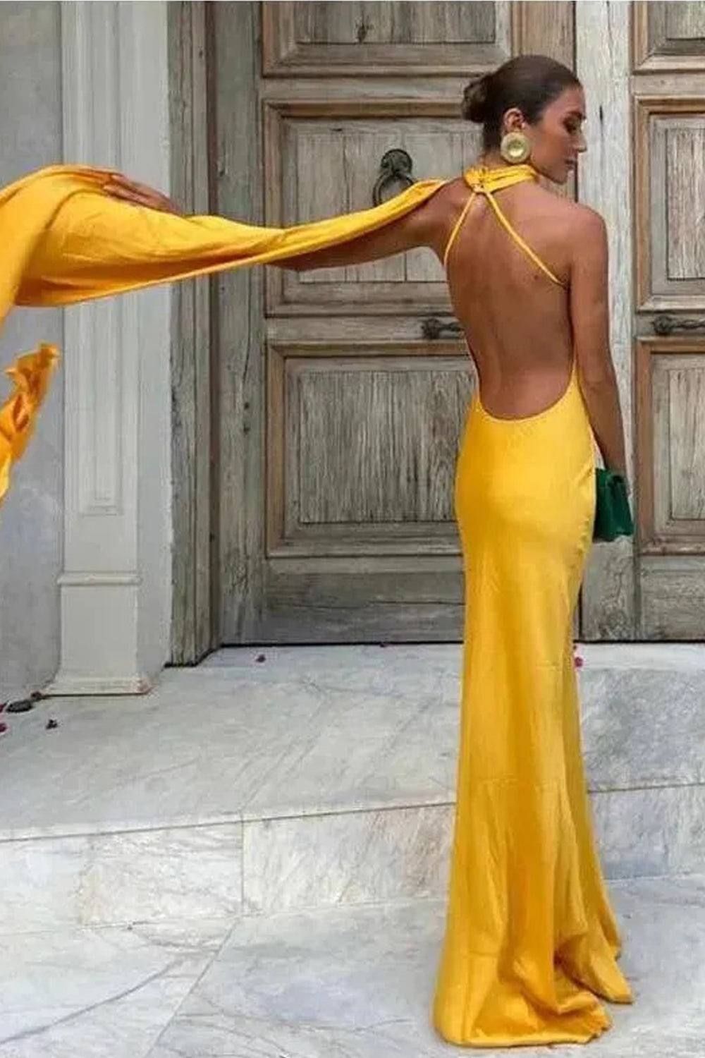 Yellow Elastic Satin Halter Shawl Mermaid Formal Dresses, CP1037