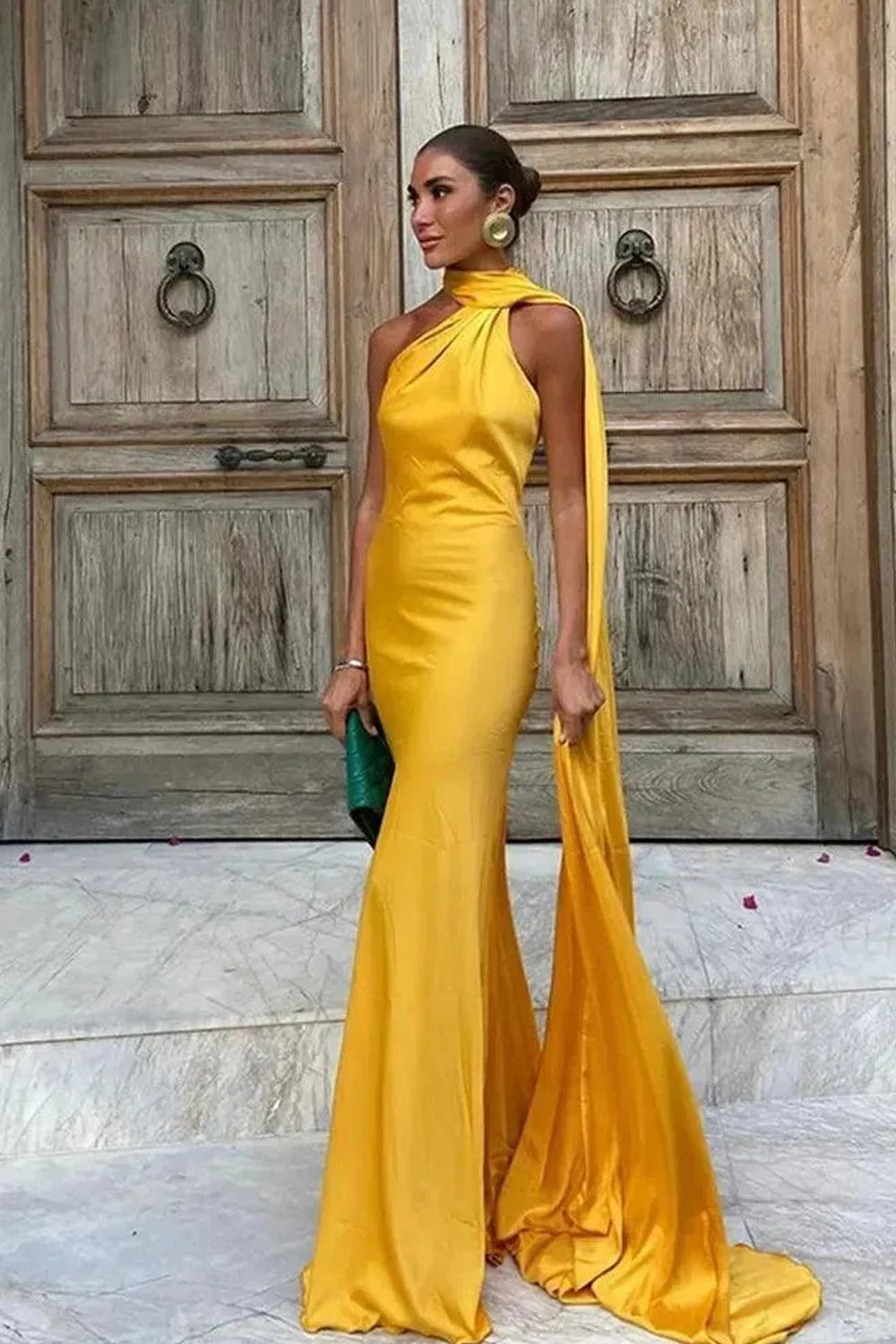 Yellow Elastic Satin Halter Shawl Mermaid Formal Dresses, CP1037