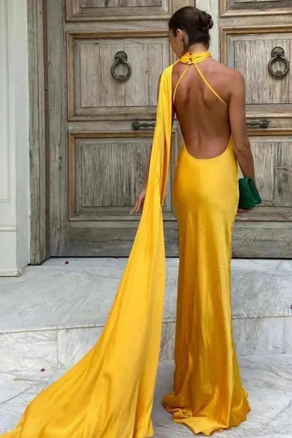 Yellow Elastic Satin Halter Shawl Mermaid Formal Dresses, CP1037