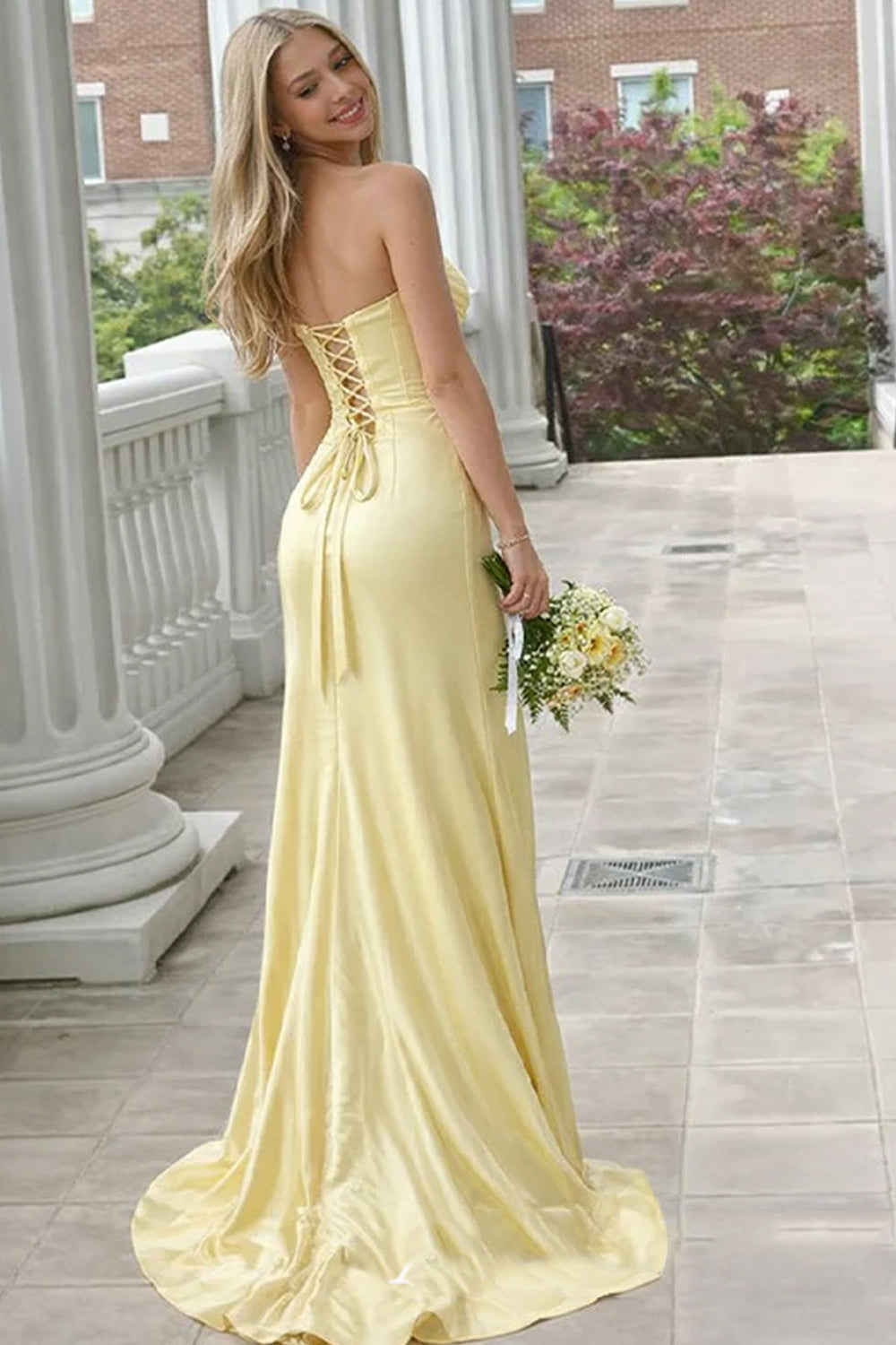 Yellow Elastic Satin Strapless Corset Ruffles Slit Prom Dresses, CP1077