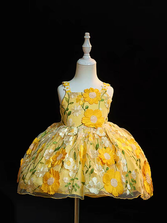 Yellow Floral Embroidery Sleeveless Short Flower Girl Dresses Birthday Dresses, CF0017