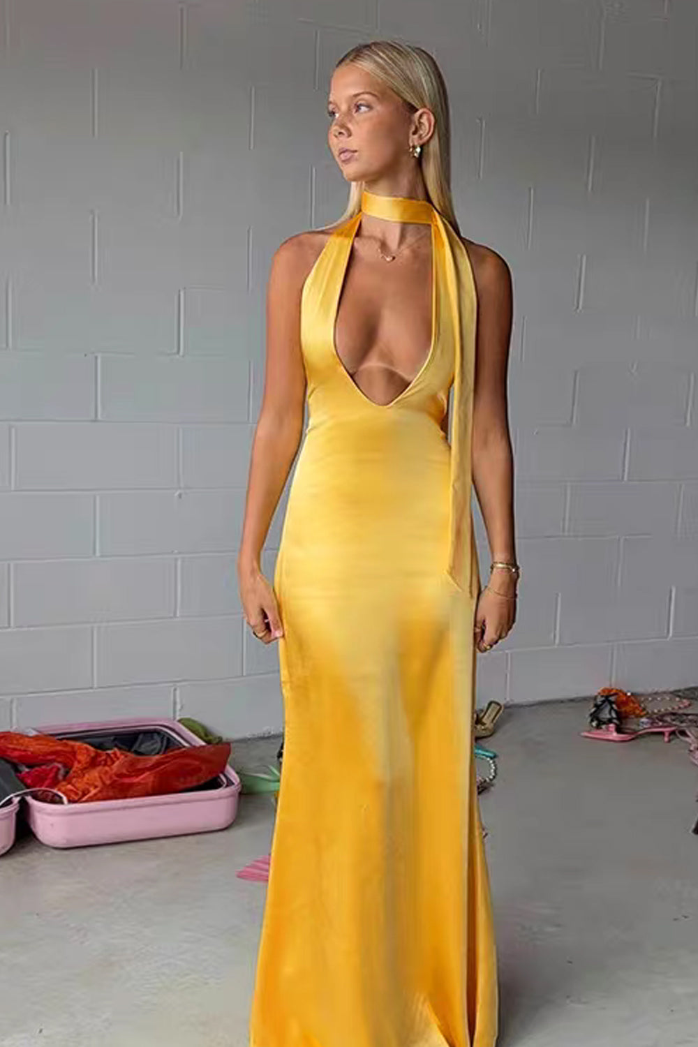 Yellow Silk Satin Halter Backless Mermaid Evening Dresses With Scarf, CP1040