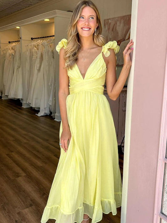 Yellow V-neck Ruffles Strap A-line Elegant Ankle Length Party Dresses, CP1208