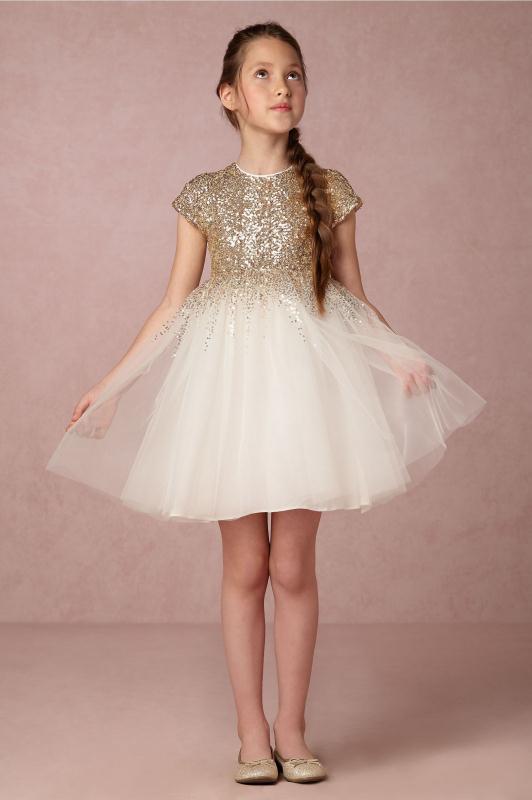 Light  Gold Sequin Ivory Tulle Cap Sleeves Flower Girl Dresses for Alessandria Bosso