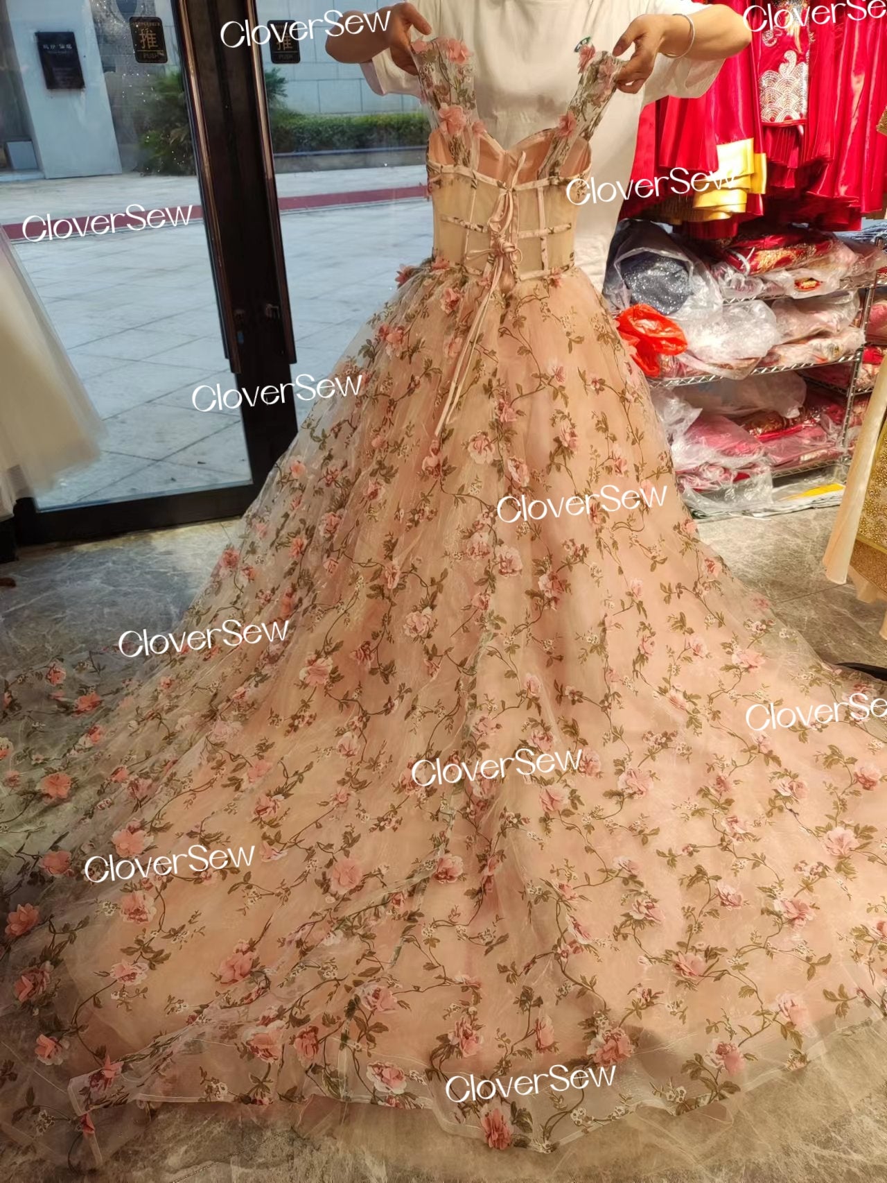 3D Floral Lace Blush Pink Off The Shoulder Ball Gown Prom Dresses