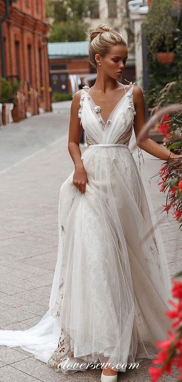 3D Applique Embroidery Tulle V-neck Open Back A-line Wedding Dresses,CW0139 3D Applique Embroidery Tulle V-neck Open Back A-line Wedding Dresses,CW0139
