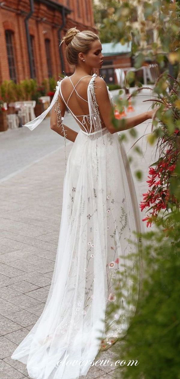 3D Applique Embroidery Tulle V-neck Open Back A-line Wedding Dresses,CW0139