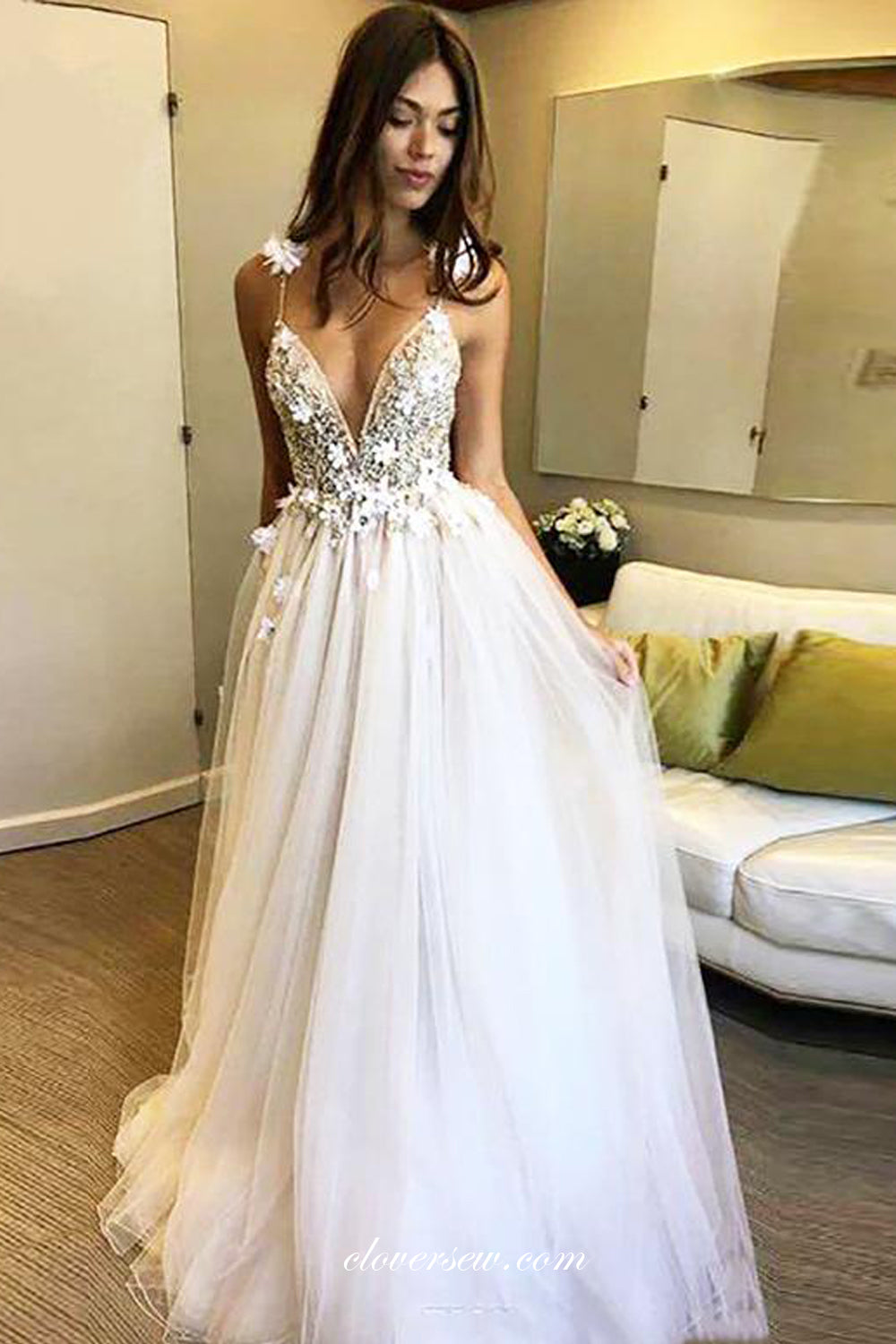 3D Floral Applique Bead Lace Sleeveless A-line Country Wedding Dresses, CW0273