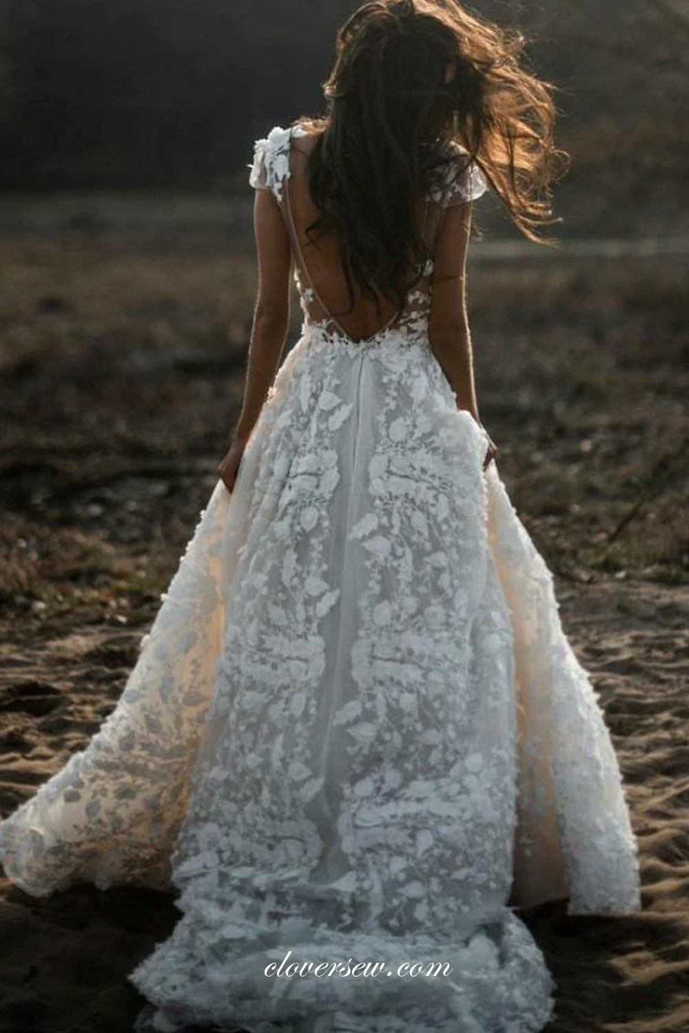 3D Floral Lace Cap Sleeves Backless A-line Stunning Wedding Dresses, CW0271