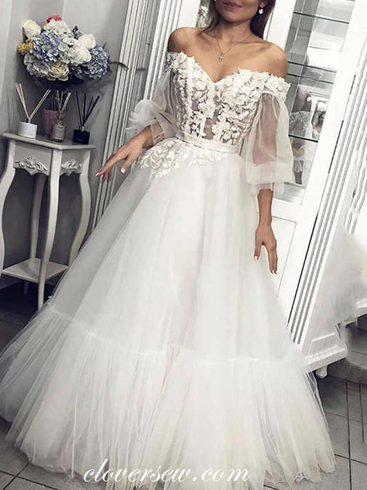 3D Applique Off The Shoulder Puff Sleeves A-line Wedding Dresses,CW0106