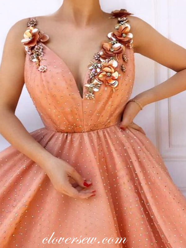 3D Appliques Sleeveless V-neck A-line Prom Dresses,CP0152
