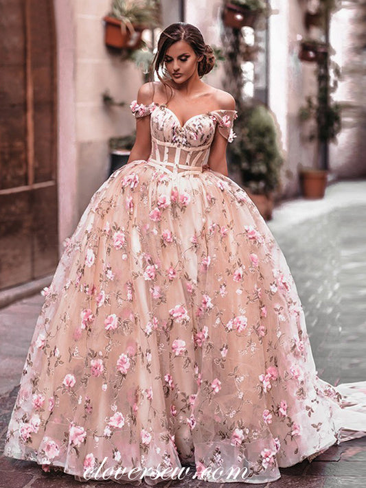 3D Floral Lace Blush Pink Off The Shoulder Ball Gown Prom Dresses , CP0117