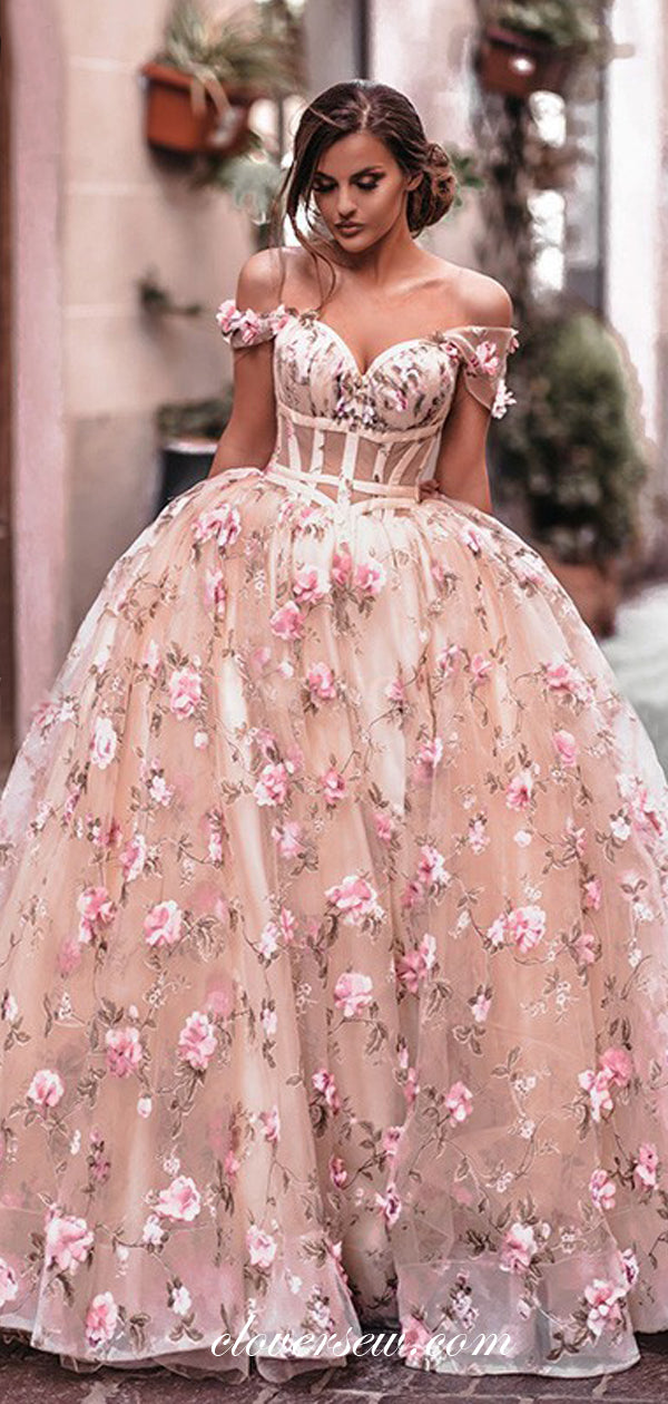 3D Floral Lace Blush Pink Off The Shoulder Ball Gown Prom Dresses