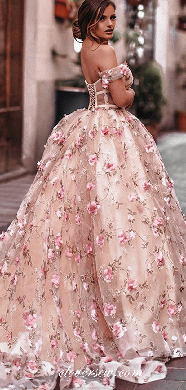 3D Floral Lace Blush Pink Off The Shoulder Ball Gown Prom Dresses , CP0117