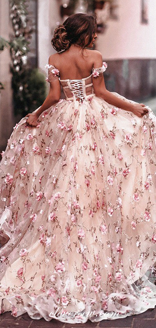3D Floral Lace Blush Pink Off The Shoulder Ball Gown Prom Dresses , CP0117