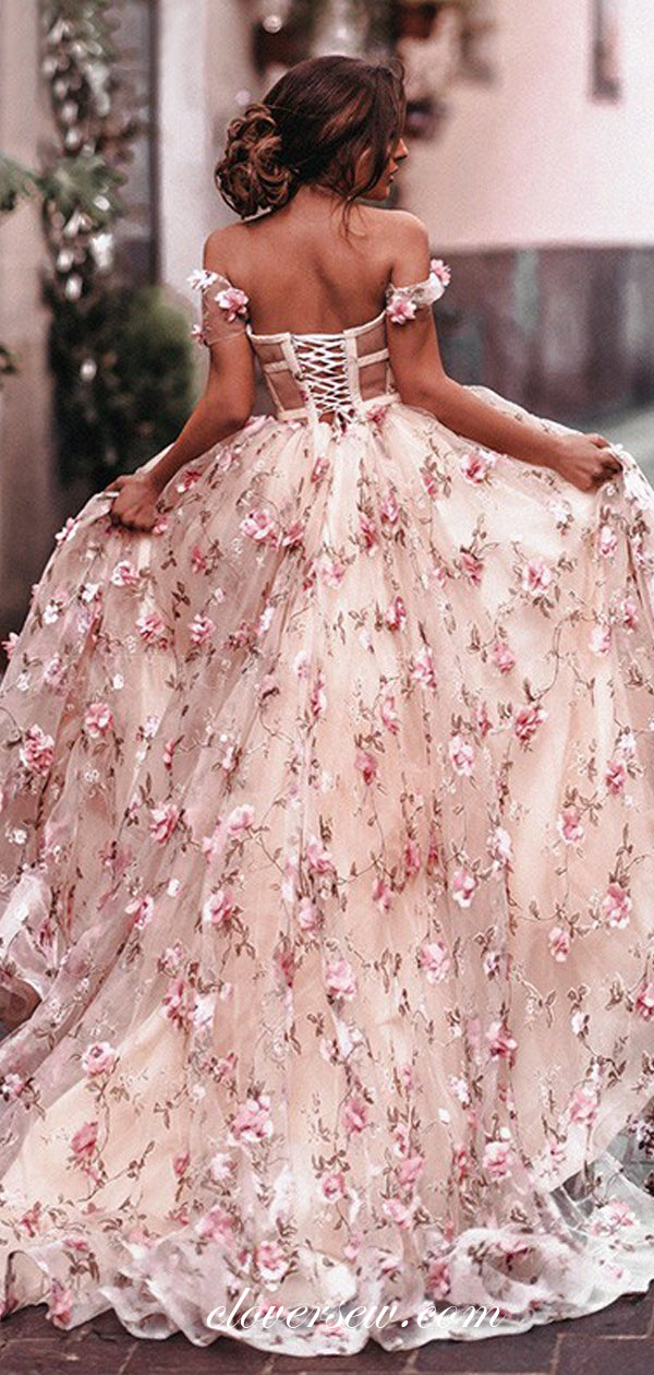3D Floral Lace Blush Pink Off The Shoulder Ball Gown Prom Dresses , CP0117 3D Floral Lace Blush Pink Off The Shoulder Ball Gown Prom Dresses , CP0117