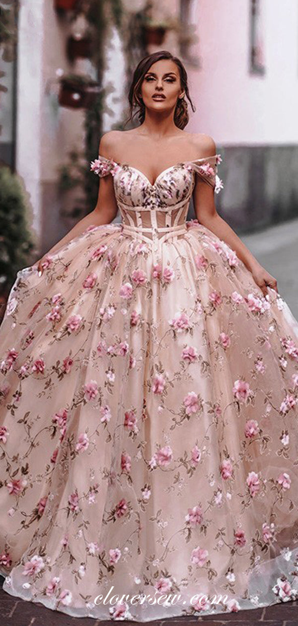 3D Floral Lace Blush Pink Off The Shoulder Ball Gown Prom Dresses , CP0117