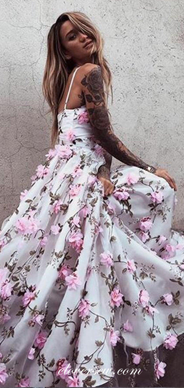 3D Floral Lace White Spaghetti Strap A-line Prom Dresses ,CP0361