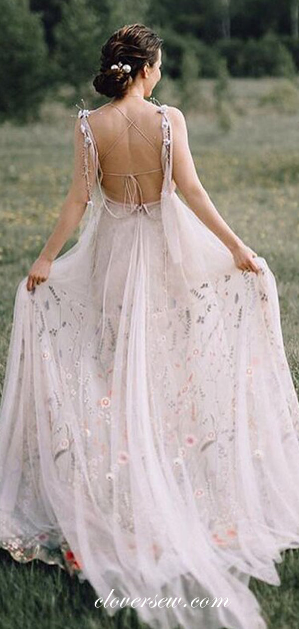 3d Applique Embroidery Tulle Boho A-line Wedding Dresses,CW0118