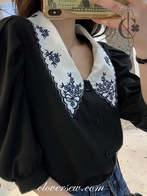 Embroidered Lapel Shirt In White Or In Black,  CO0001