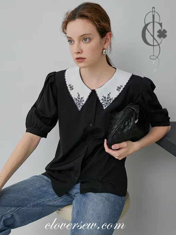 Embroidered Lapel Shirt In White Or In Black,  CO0001