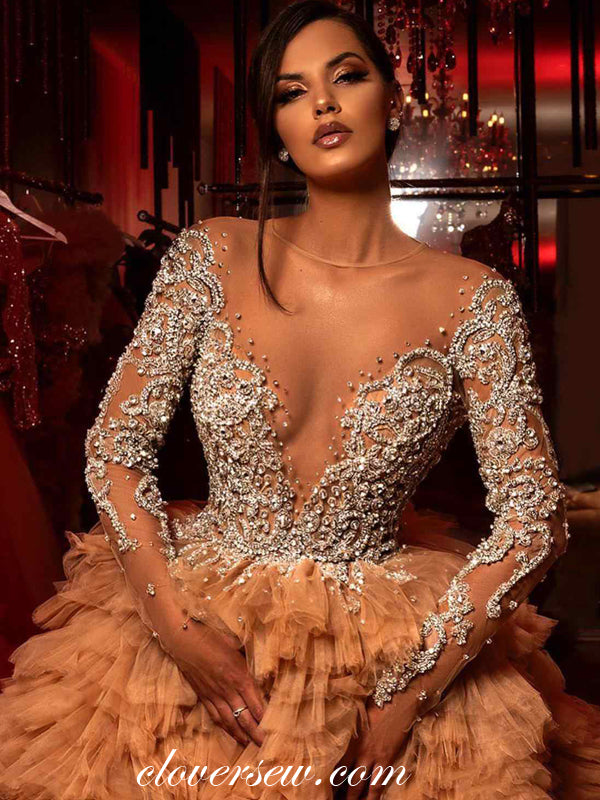 Bead Applique Illusion Long Sleeves Tiered Tulle Ball Gown Prom Dresses, CP0481