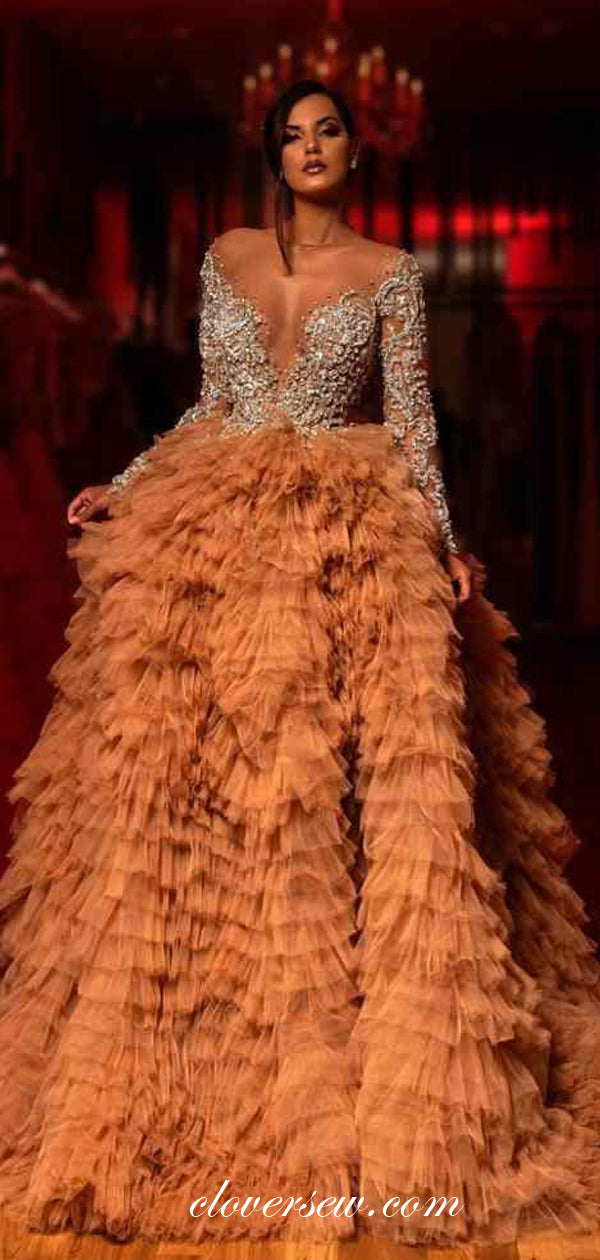 Bead Applique Illusion Long Sleeves Tiered Tulle Ball Gown Prom Dresses, CP0481