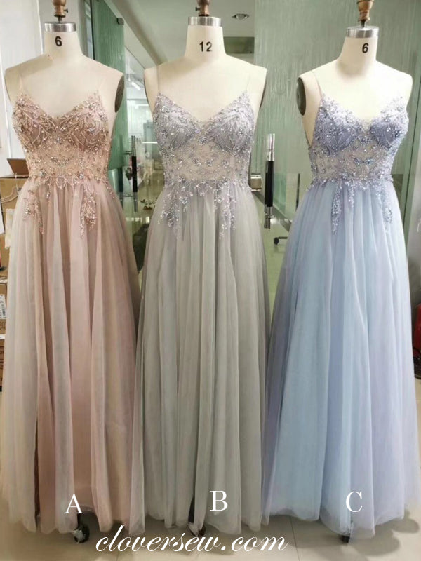 Bead Spaghetti Strap Tulle See Through A-line Prom Dresses,CP0146