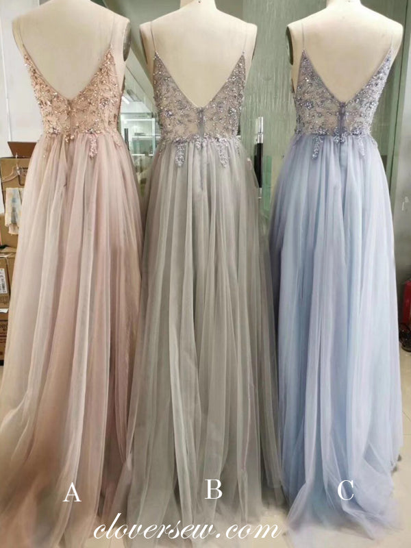 Bead Spaghetti Strap Tulle See Through A-line Prom Dresses,CP0146