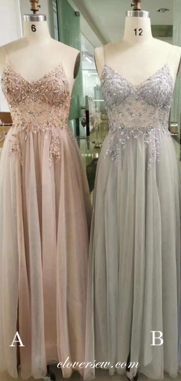 Bead Spaghetti Strap Tulle See Through A-line Prom Dresses,CP0146