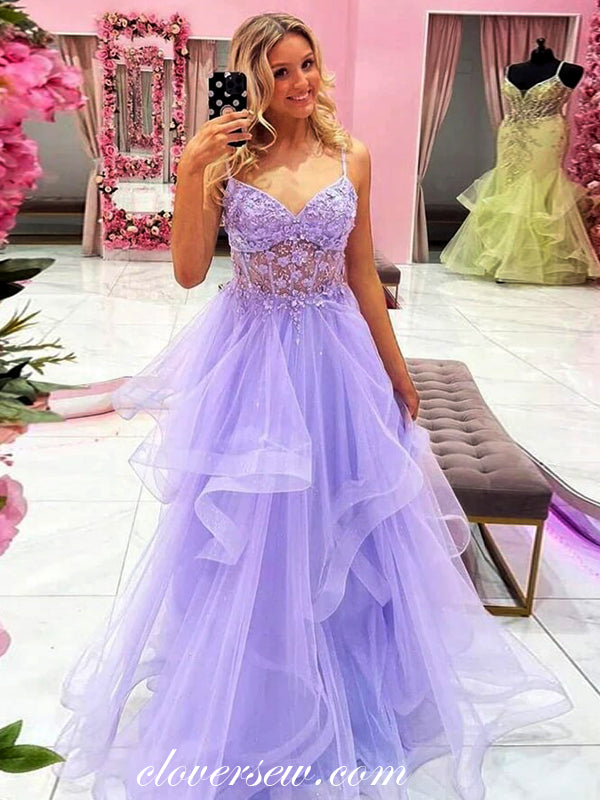 Beaded Lace Lilac Tulle Ruffles A-line Fashion Prom Dresses, CP0962