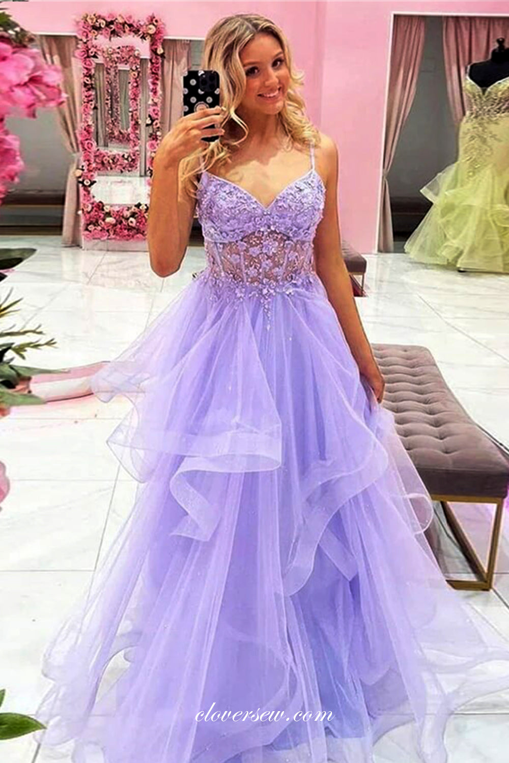 Beaded Lace Lilac Tulle Ruffles A-line Fashion Prom Dresses, CP0962