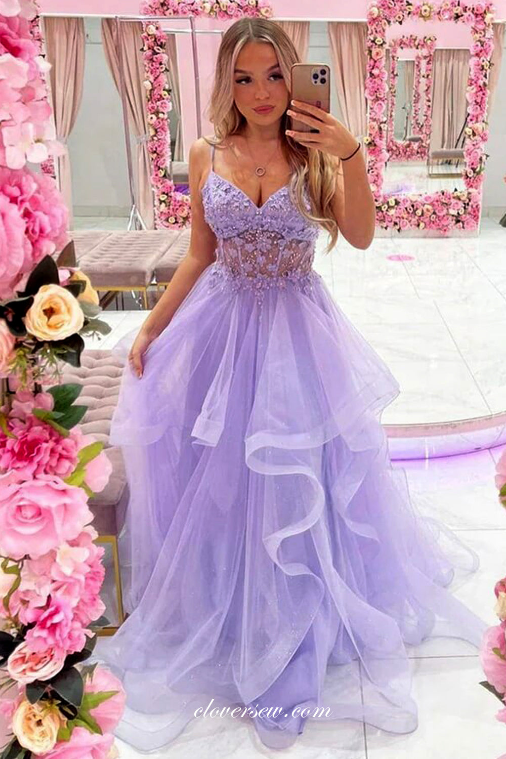 Beaded Lace Lilac Tulle Ruffles A-line Fashion Prom Dresses, CP0962