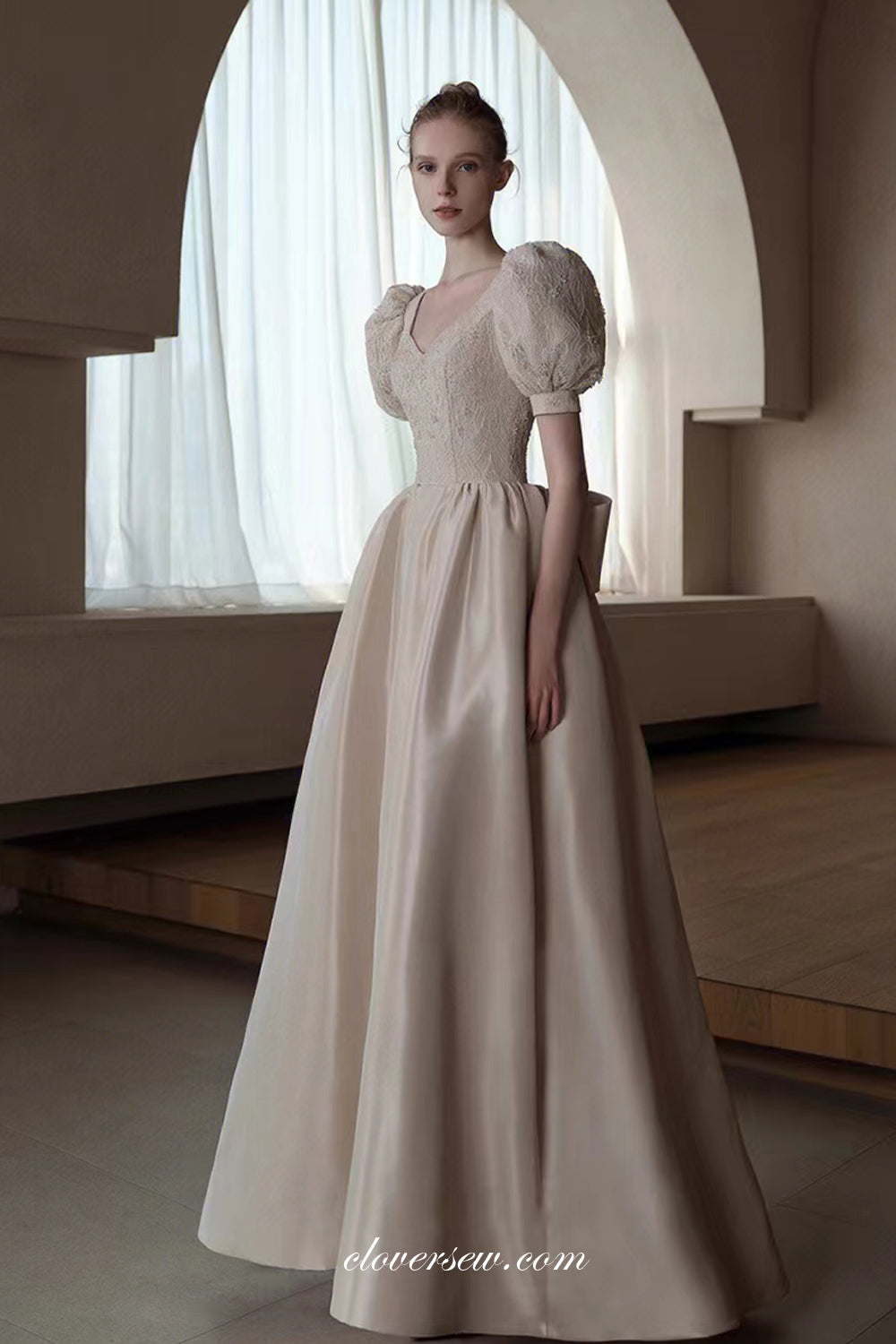 Beaded Lace Satin Short Sleeves Ivory Elegant Wedding Dresses, CW0325 clover sew Beaded Lace Satin Short Sleeves Ivory Elegant Wedding Dresses, CW0325 clover sew