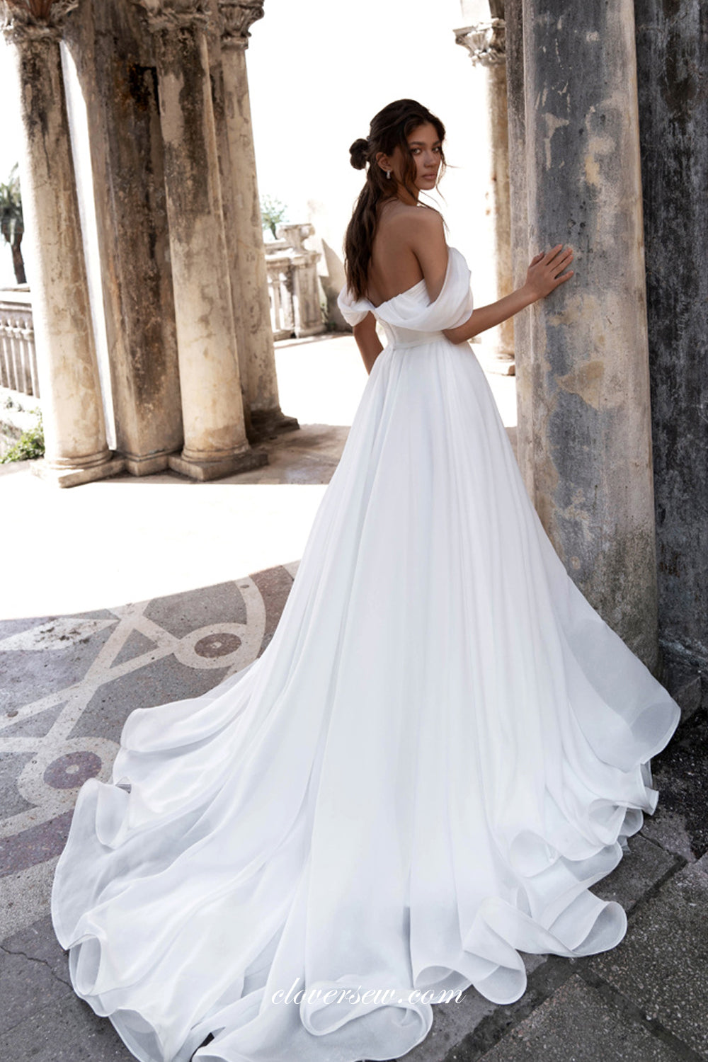 Beaded Neckline Ivory Chiffon Off The Shoulder Side Slit Wedding Dresses, CW0331