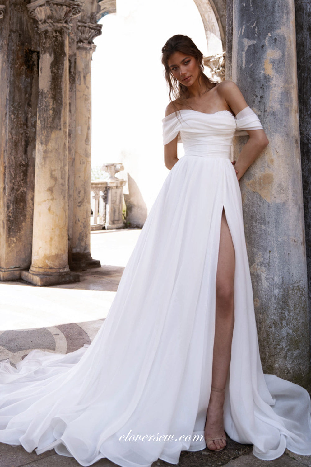 Beaded Neckline Ivory Chiffon Off The Shoulder Side Slit Wedding Dresses, CW0331 Beaded Neckline Ivory Chiffon Off The Shoulder Side Slit Wedding Dresses, CW0331
